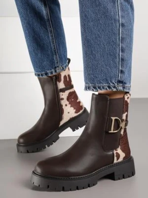 Brązowe Botki Sztyblety w Krowie Łaty Zdobione Elegancką Aplikacją Nalamesa bestelle