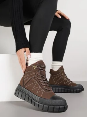 Brązowe Botki Trapery Vices na Platformie z Tłoczeniem Ozdobione Przeszyciami Amirrise