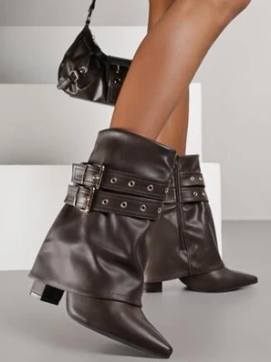 Brązowe Botki Typu Kowbojki na Obcasie z Wywiniętą Cholewką i Klamrami Cidvire ideal