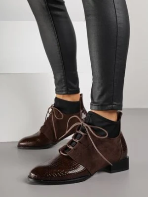 Brązowe Botki Typu Trzewiki z Lakierowanymi Wstawkami z Tłoczeniem Krokodyla Zetilla kafeini