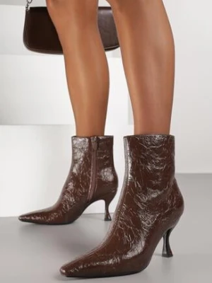 Brązowe Botki Vices do Kostki na Obcasie Kaczuszka z Efektowym Tłoczeniem Brittalie