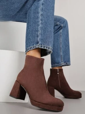 Brązowe Botki Vices do Kostki z Imitacji Zamszu na Słupkowym Obcasie Vedvira