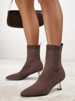 Brązowe Botki Vices na Metalicznej Szpilce Kaczuszce ze Skarpetową Cholewką Vamige