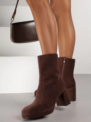 Brązowe Botki Vices na Platformie i Słupku Ozdobione z Kwadratowym Noskiem Faleanna