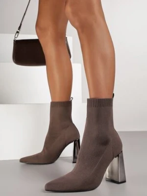 Brązowe Botki Vices na Słupku ze Skarpetową Cholewką Falacesa