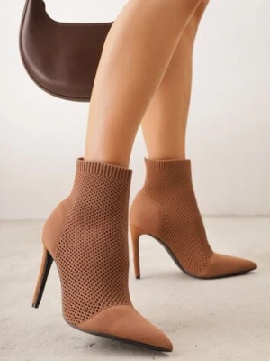 Brązowe Botki VICES na Szpilce z Elastyczną Dzianinową Cholewką Dedanna