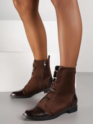 Brązowe Botki Vices z Lakierowanymi Wstawkami w Stylu Krokodyla Olitta