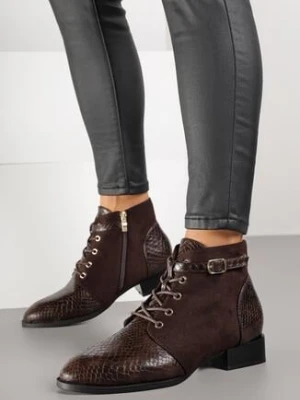 Brązowe Botki Vices Zdobione Imitacją Skóry Węża i Klamerką Gelisa