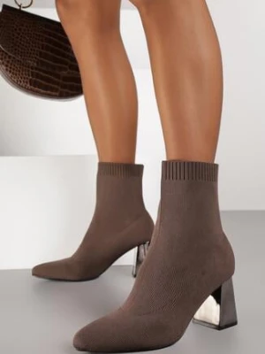 Brązowe Botki Vices ze Skarpetkową Cholewką na Metalicznym Słupku Wadvira