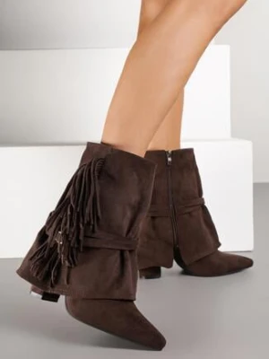 Ciemnobrązowe Botki w Stylu Boho z Wywiniętą Cholewką i Frędzlami Harile ideal