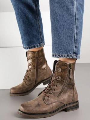 Brązowe Botki w Stylu Workerów z Ozdobnym Suwakiem i Wężową Wstawką Vemalora lady glory