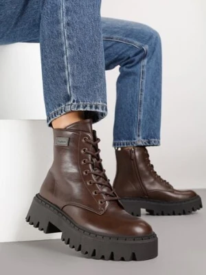 Brązowe Botki Workery w Stylu Basic z Aplikacją przy Cholewce Azelda modern world