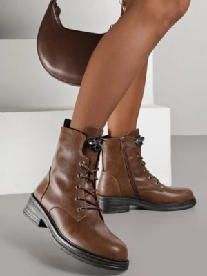 Brązowe Botki Workery ze Skóry Naturalnej z Aplikacją-Pszczołą z Cyrkonii Tevalra m.daszynski