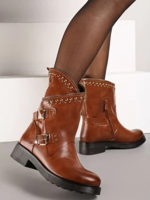 Brązowe Botki z Asymetryczną Cholewką w Motocyklowym Stylu z Klamrami i Nitami Marinisse