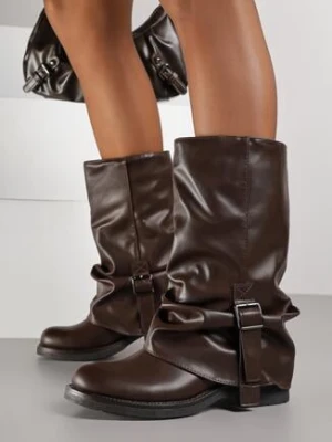 Brązowe Botki z Wywiniętą Marszczoną Cholewką Typu Biker z Paskiem Olinessa ballada