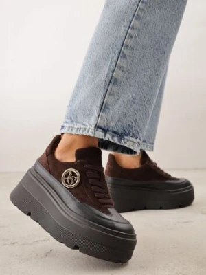 Brązowe Chunky Sneakersy Vices na Platformie z Okrągłym Detalem Sedvira