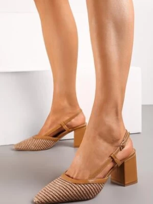 Brązowe Czółenka na Słupku z Ażurową Cholewką w Szpic Laviose