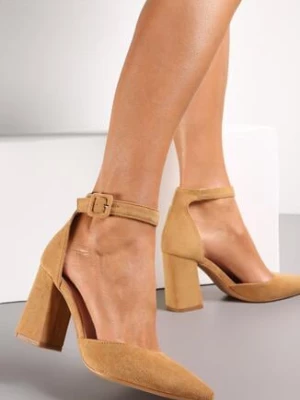 Brązowe Czółenka na Słupku ze Szpiczastym Noskiem Kotine