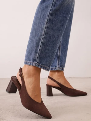 Brązowe Czółenka Slingback o Fakturze Zamszu na Słupkowym Obcasie Facena Joalice Paris