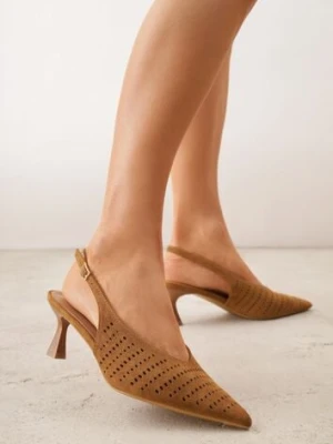 Brązowe Czółenka Slingback VICES na Kaczuszce z Ażurową Cholewką Klephei
