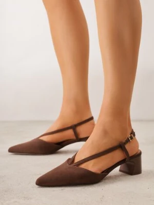 Brązowe Czółenka Slingback VICES z Imitacji Zamszu na Klockowym Obcasie Adophaia