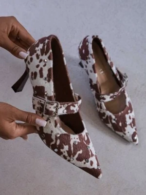 Brązowe Czółenka Vices w Krowie Łaty na Szpilce z Wkładką ze Skóry Naturalnej Ozdobione Nitami Rileinea Viralowe