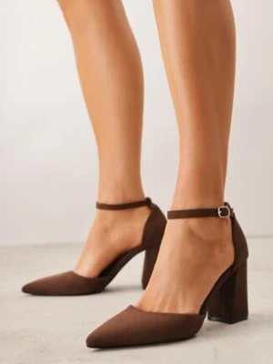 Brązowe Czółenka z Imitacji Zamszu na Słupku z Noskiem w Szpic Violetto