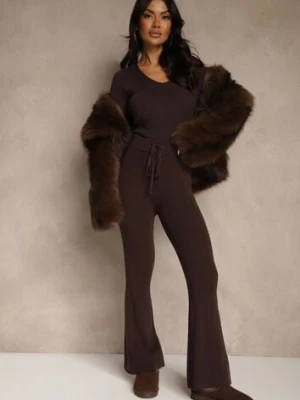 Brązowe Dzianinowe Spodnie z Wiskozą o Kroju Flare Zetene