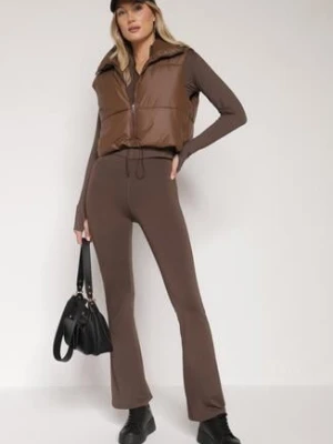 Brązowe Elastyczne Spodnie z Gumką w Talii i Wysokim Stanem Brinamla