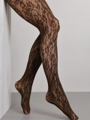 Brązowe Eleganckie Rajstopy z Koronki Hanilira