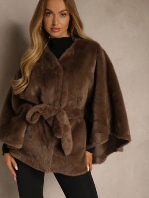 Brązowe Futerkowe Ponczo Ozdobione Paskiem Monareva
