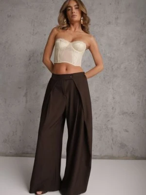 Brązowe Garniturowe Spodnie High Waist Wide Leg z Zakładkami w Pasie Philisia jumelle