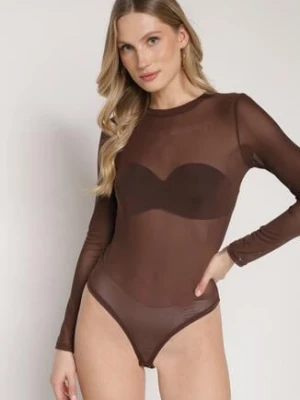 Brązowe Gładkie Body z Długimi Rękawami Teuma