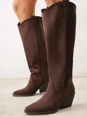 Brązowe Gładkie Kozaki Kowbojki z Imitacji Zamszu na Stożkowym Obcasie Karelia joalice paris