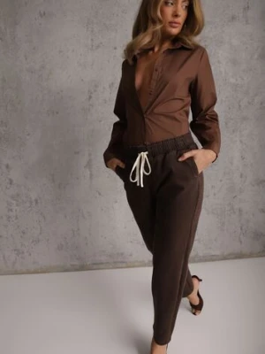 Brązowe Jeansy Mom Fit z Bawełny ze Ściągaczem i Wiązaniem w Talii Naubel milas91