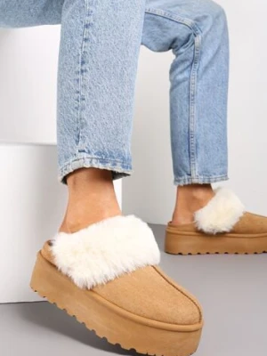 Brązowe Kapcie na Grubej Podeszwie z Ozdobnym Futerkiem Sunessa