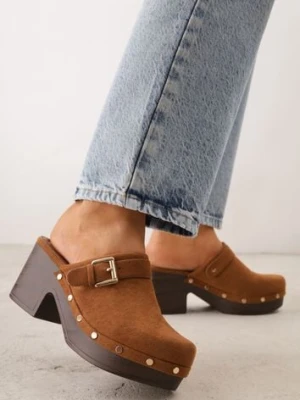 Brązowe Klapki Chodaki na Słupku z Cholewką z Nitami i Paskiem z Klamerką Jinnor lady glory