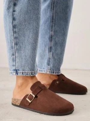 Brązowe Klapki Chodaki z Imitacji Zamszu z Klamrą Aklinera