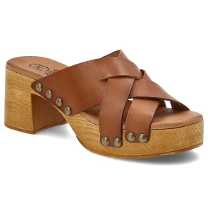 Brązowe Klapki Hee Skórzane Obuwie Damskie