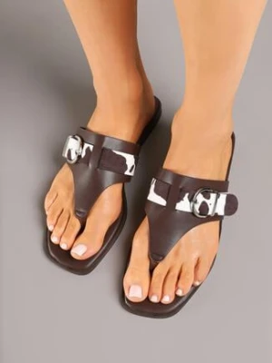 Brązowe Klapki Japonki z Klamerką Zdobione Zwierzęcym Wzorem Savoreline c'm paris