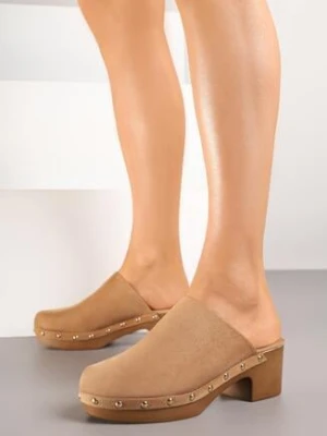 Brązowe Klapki Mule w Stylu Drewniaków z Nitami na Słupkowym Obcasie Glerra bellucci