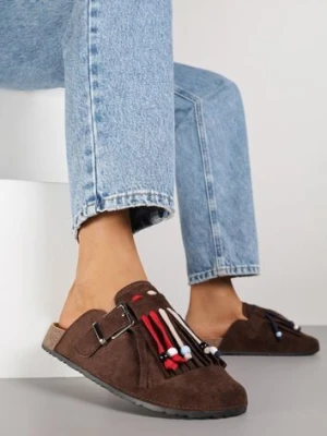 Brązowe Klapki Mule z Oryginalnym Zdobieniem z Frędzlami Beladde tulipano