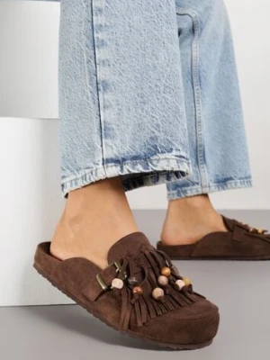 Brązowe Klapki na Platformie Ozdobione Koralikami Klamrami i Frędzlami Leurecea