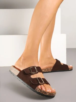 Brązowe Klapki z Imitacji Zamszu na Podeszwie z Korka i Regulowanymi Paskami Naloenma mulanka