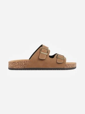 Brązowe Klapki z Imitacji Zamszu z Korkową Podeszwą i Klamrami Chalose mulanka