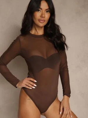 Brązowe Klasyczne Body Długimi Rękawami i Okrągłym Dekoltem Perissa