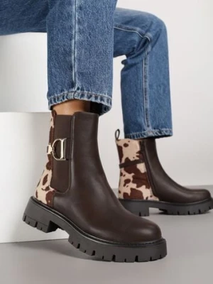 Brązowe Klasyczne Botki Sztyblety w Krowie Łaty Zdobione Metaliczną Aplikacją Laore bestelle