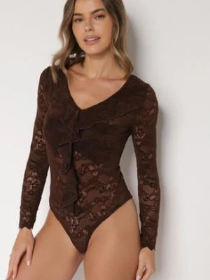 Brązowe Koronkowe Body z Falbanką Vidane