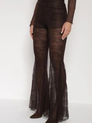 Brązowe Koronkowe Spodnie Dzwony z Wysokim Stanem Solifera