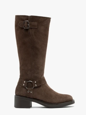 Brązowe kozaki biker boots ze skóry welurowej Bravo Moda